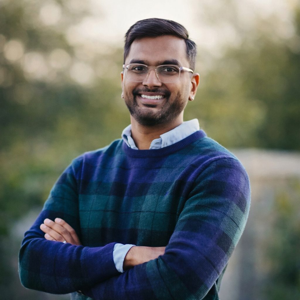 Vamshi Vanaparthi, Senior UX Designer smiling, wearing a navy and teal checkered sweater